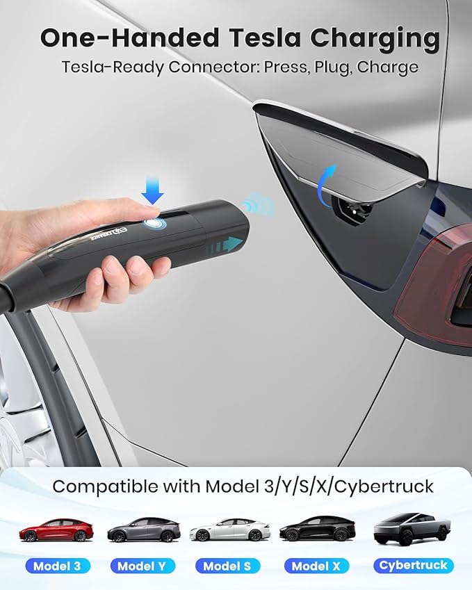 Level 2 EV Charger for Tesla, 24Amp 240V/25FT NEMA 10-30 Plug, 25FT Cable for Model S/3/X/Y, One-Touch Open Connector & Adjustable Current (10-24A) for Home/Garage Use, IP66 Waterproof