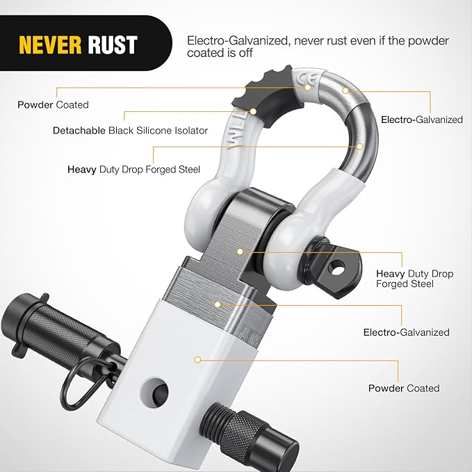 Nilight Anti-Theft Shackle Hitch Receiver 2Inch 45000 LBs Breaking Strength 3/4" Anti-Theft D Ring Shackle 5/8" Trailer Hitch Lock Pin Heavy Duty Solid Towing Kit for Trucks Off Road (White)