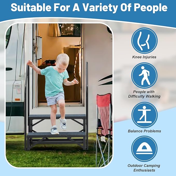 Rv Steps with Handrail 2 Step, Hot Tub Steps with Anti-Slip Mats, Heavy Duty Metal Mobile Home Stairs, Camper Steps for Travel Trailer,Portable Step Ladder for Spa, Pool and Porch
