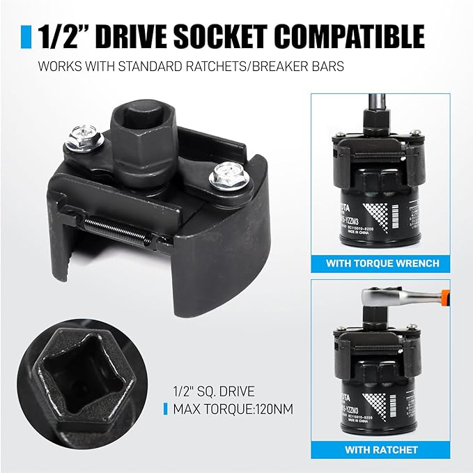 Adjustable Oil Filter Wrench for 60mm-80mm, Universal Oil Filter Removal Tool 1/2'' Drive Cap Style with 2 Durable Non-Slip Serrated Jaws Special Design