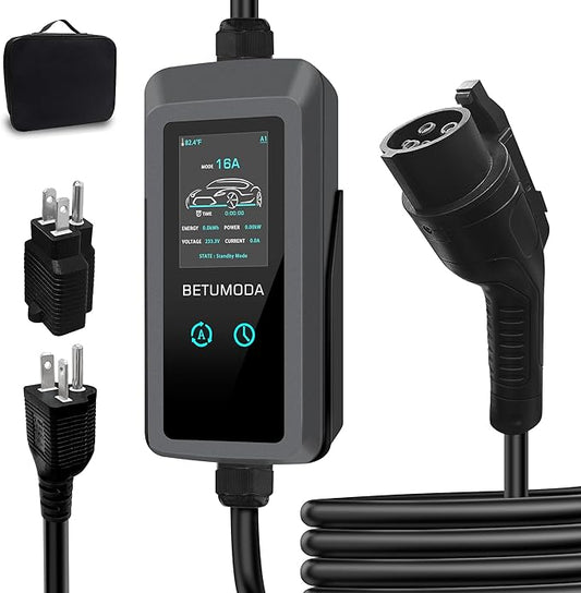 Level 1 &2 EV Charger, 16A, Adjustable Current & Timing Delay, 25FT, 110V–240V, NEMA 5-15 & 6-20 Plugs, J1772 Electric Car Charger for All EVs/PHEVs(Tesla Needs Adapter)