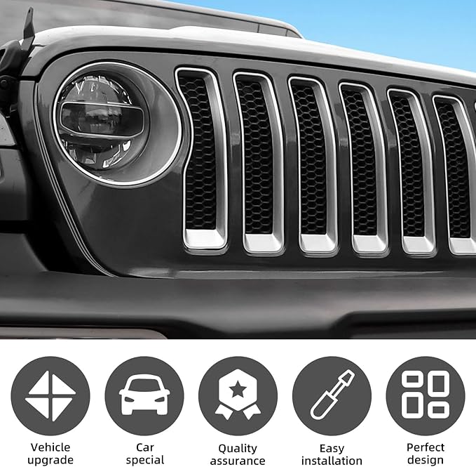Grille Grill Insert+Headlight Turn Light Cover Compatible with 2018-2023 Jeep Wrangler JL JLU Sport/Sport S Only,Not for Sahara,Rubicon 4xe(Silver)