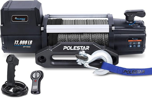 POLESTAR Winch 13,000lb Electric Winch Synthetic Rope 3/8" Diameter, 12V 6.0HP Truck Winch with Wireless Handheld Remote and Corded Control Recovery, IP68 Waterproof for Jeep, SUV, Truck & Trailer