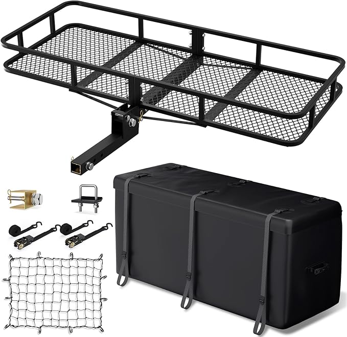Hitch Cargo Carrier Basket Combo 60" x 24" x 6" 500 LBS Capacity Vehicle Baskets Fits 2" Receiver with 18.2 Cubic feet Cargo Bag, Hitch Stabilizer, Cargo Net and Ratchet Straps
