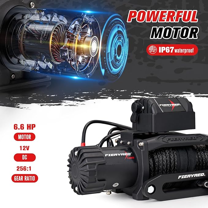 FieryRed 13000 lb Winch, 12V IP67 Waterproof Electric Trailer Winch with Synthetic Rope, 2in1 Wireless Remote Control, Hawse Fairlead for Off Road Vehicle Towing Jeep Truck