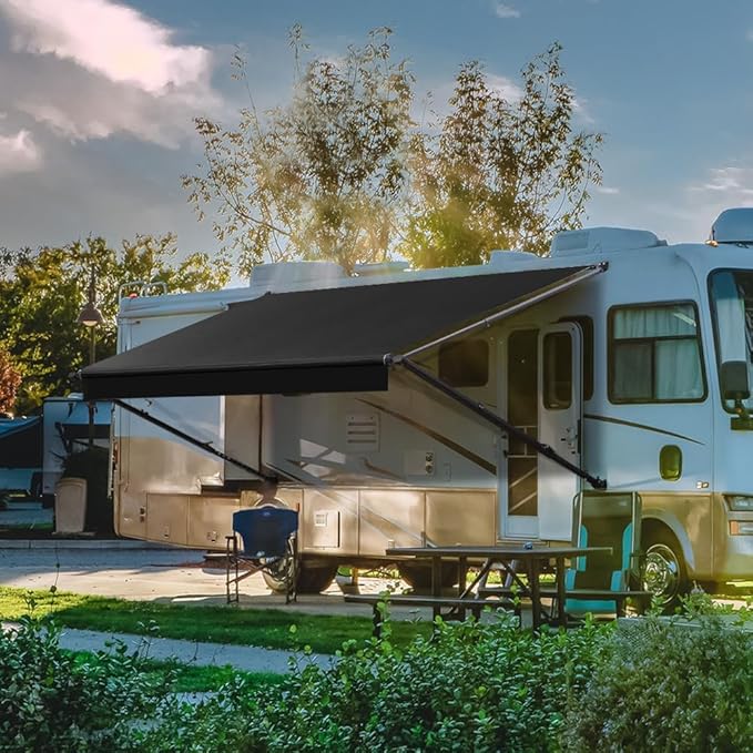 Suncode Manual RV Awning Black Modular Retractable Awning Complete Kit for RV,5th Wheel,Travel Trailers,Toy Haulers,Motorhome RV Trailer Awning for Home or Camper-14x8Ft-Black