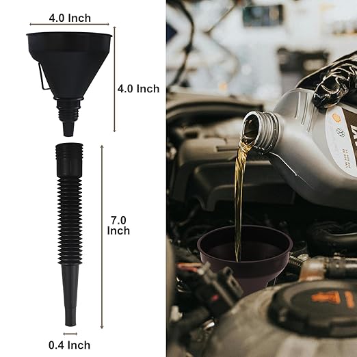 Funnels for Automotive Use Set of 10, Plastic Oil Funnel Set for Gasoline and Coolant, Fuel Funnel with Flexible Hose for Car, Large Funnels for Gas Transfer
