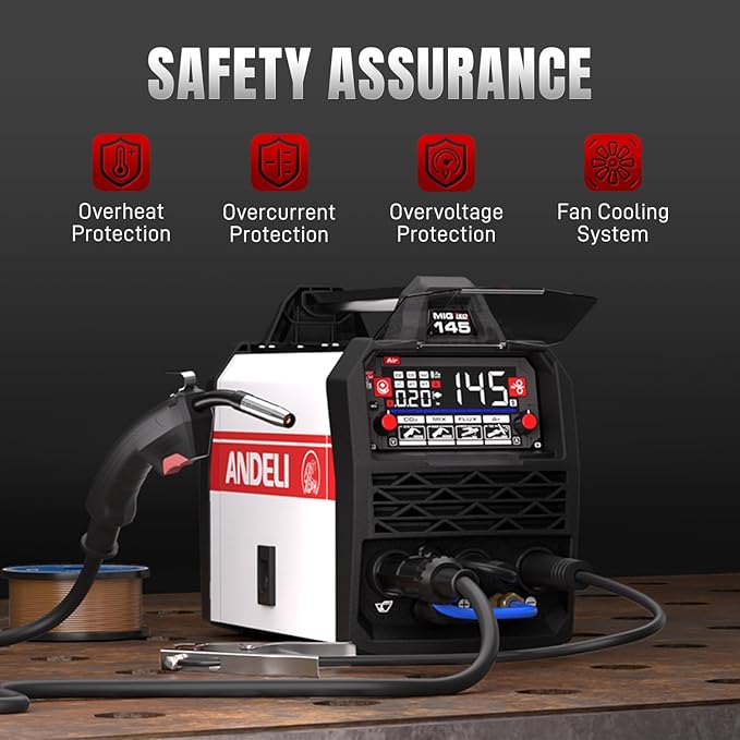 ANDELI 145A MIG Welder 4-in-1，110V/220V Dual Voltage [Large LED Display]Gas MIG/Flux Core MIG/Lift TIG/Stick Multiprocess MIG Welding Machine with Synergy，Full Kit (Bonus MIG Wire&FluxCore Wire)