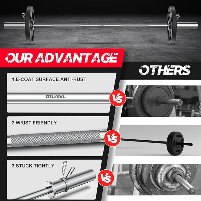 Olympic Barbell Bar 55", 2In-Weight Lifting Bar Standard Straight Barbell Bars for Bench Press/Hip Thrusts/Biceps/Lunges/Squat/Strength-Training Home Gym Weight Bar, 2 Collars(500lb Capacity)