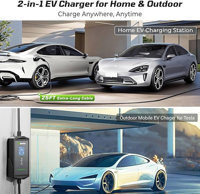 Tesla Charger 40Amp 9.6KW, Portable Level 2 EV Charger Adjustable Current with 2.4" LCD 25FT Cable, 110V-240V, NEMA 14-50 & 5-15 Plug, Compatible with Tesla Models 3/Y/S/X and J1772 Electric Cars