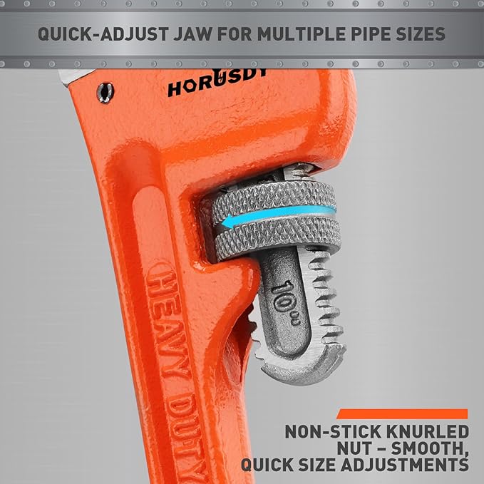 HORUSDY 10-Inch Heavy Duty Straight Pipe Wrench, Quick-Adjust Sturdy Plumbers Wrench with Soft Grip Handle, Straight Jaw Plumbing Tool for Pipe, Household Use, Vehicle Repair