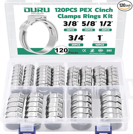 120PCS Pex Crimp Rings Assortment,304 Stainless Steel Pex Clamps 3/8",1/2",3/4",5/8",1" Single Ear Hose Clamps,Pex Cinch Clamps for Pex Fittings Pipe Tubing