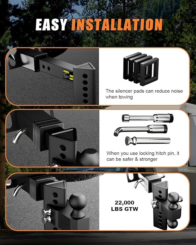 TIROL Adjustable Trailer Hitch - Fits 2'' Receiver 6 Drop/Rise for Truck Hitch, 2'' & 2-5/16'' Ball Hitch, 22000 LBS GTW - Heavy Duty Tow Hitch with Two Anti-Theft Locking Hitch Pins