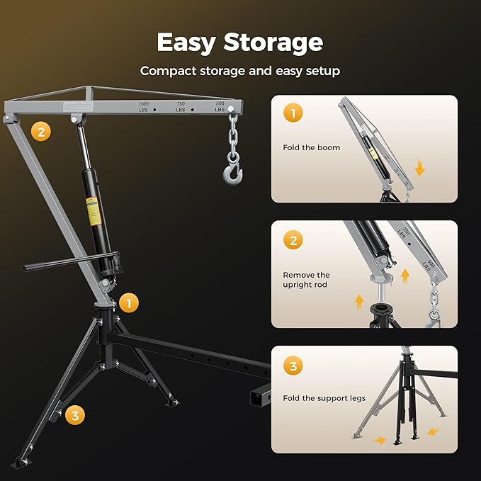 1000lbs Receiver Hitch Mounted Hydraulic 360° Swivel Truck Crane with 3 Boom Capacity Options: 500lbs, 750lbs, 1000lbs. Ideal for Workshops, Construction, Agriculture, and Logging,Gray
