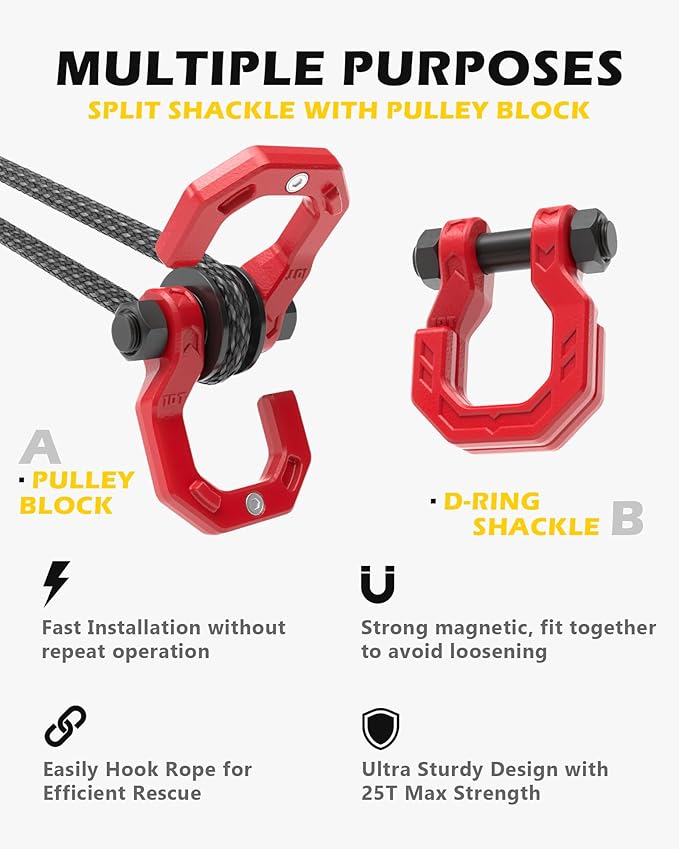 Snatch Block D-Ring Shackle Set, 3/4” Towing Winch Shackle & Snatch Pulley Block, Heavy Duty Separate D Ring Winch Shackle, 57320lbs(26T) Breaking Strength, for Off-Road Recovery, RedRed