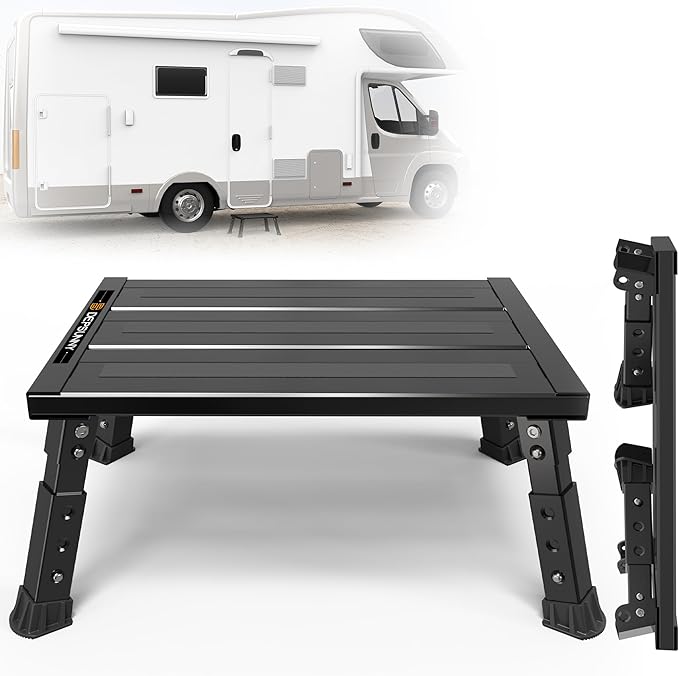 Adjustable RV Step Stool, 3-Step Height Adjustment, Foldable Legs, Wide Anti-Slip Surface,Supports Up to 1,000 lb, Premium Aluminum Construction Easy to Carry