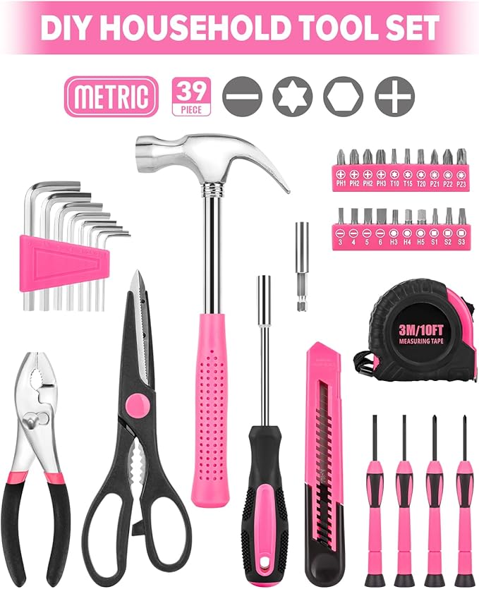 39pcs Pink Household Tool Set, Essential Hand Tool Kit with Plastic Toolbox for Home Repairs, DIY & Crafts, Perfect for Students & Everyday Use