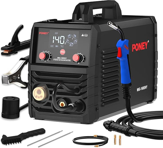 PONEY 140A MIG Welding Machine 110V/220V - 5 in 1 MIG/MAG/FLUX/TIG LIFT/MMA Welder Machine with Synergic Control IGBT Inverter and Digital Screen Display