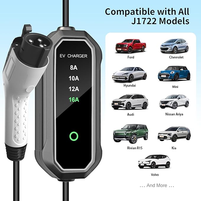 16 Amp Level 2 Portable EV Charger Charging Cable Station, Electric Vehicle Charger Plug-in EV Charging Station with All J1772 EV Cars (240 Volt, 25ft Cable)
