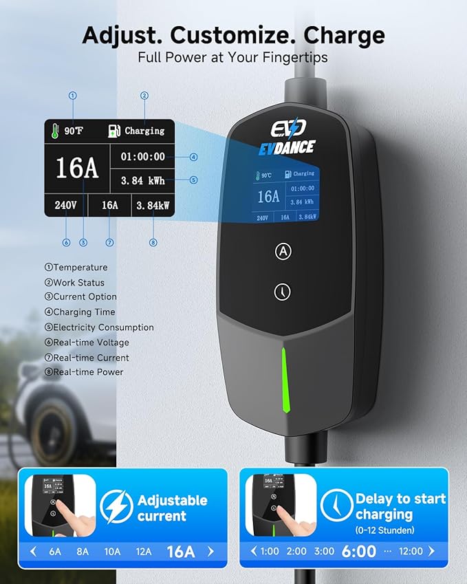 Level 1 & 2 EV Charger, 16A 110-240V Home Electric Vehicle Portable Charger with 25FT Cable, Adjustable Current & Delay Timer, LCD Display, EV Charging Station Compatible with All J1772 EVs