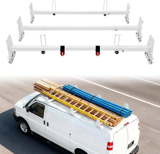 Van Roof Ladder Rack, 3 Adjustable Crossbars (48"-67") with Rain Gutter Mounts, Compatible with Chevy Express 1500/2500/3500, Ford Econoline, and GMC Savana Cargo Vans