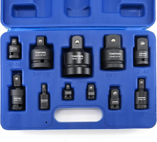 11pcs Impact Adapter and Reducer Set and Universal Joint Swivel Socket Adapter Set, 1/4" 3/8" 1/2" 3/4" 1" Drive Socket Adapter Set, Cr-Mo Steel,With a Storage Case.