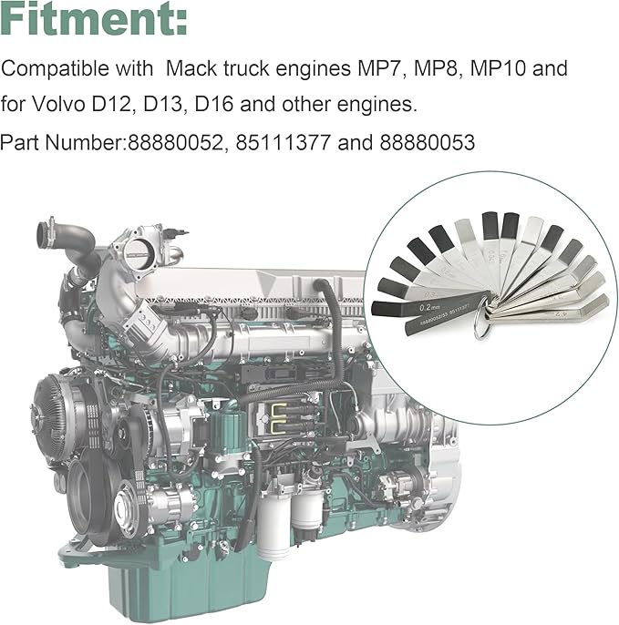 Feeler Gauge Jake Brake Tool Set for Volvo & Mack MP7 MP8 MP10 D12 D13 D16 Engine Intake & Exhaust Valve Adjustment Kit (14pc) Replaces 88880053 88880052 85111377