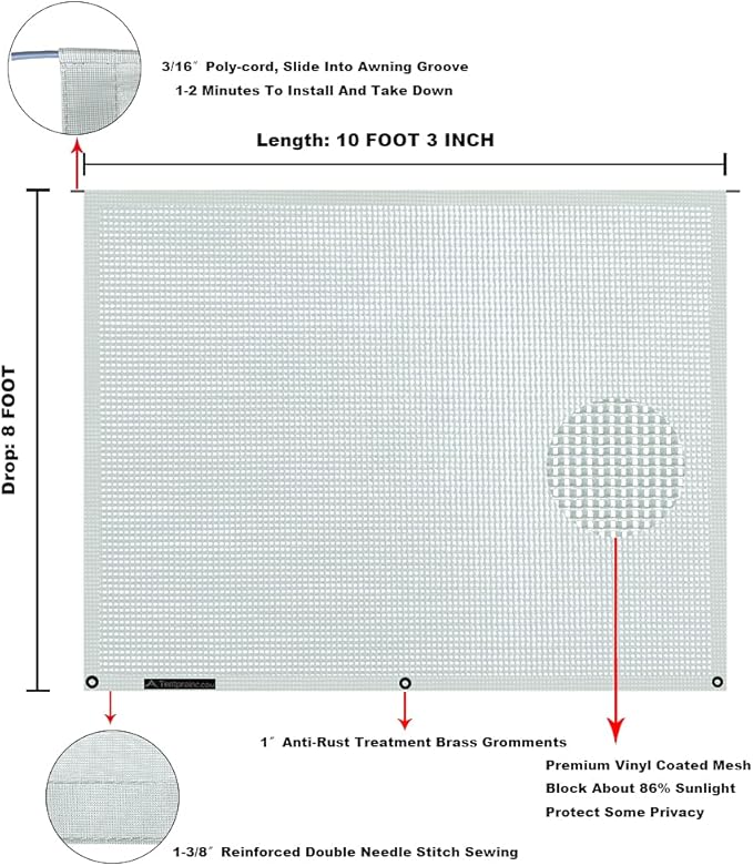 Tentproinc RV Awning Sun Shade Screen 8' X 10' 3'' (Fit for 11' Awning) Mesh Screen Sunshade Sunscreen for Motorhome Camper Trailer Awning Screen Shadescreen UV Blocker - 3 Year Warranty (Gray)
