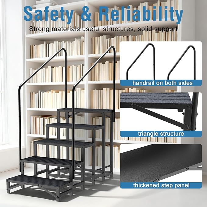 RV Steps with Handrail, 5 Steps RV Stair, Mobile Home Stairs for Camper, Trailer, hot tub, Steps with Non-Slip mat, 660lbs Capacity