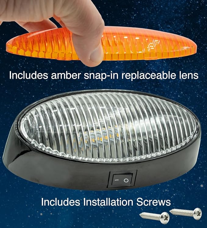 Lumitronics RV 12V LED Oval Porch Utility Light with On/Off Switch, Clear & Amber Lenses for Motorhomes, Campers, Trailers, 5th Wheels (Black)