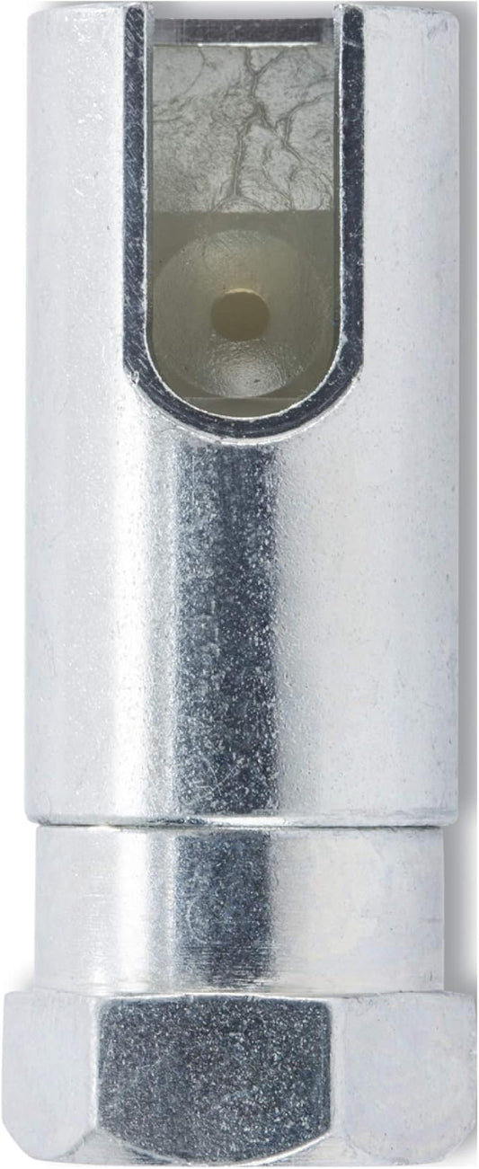 LUMAX LX-1407 Black Right-Angled Grease Coupler. Designed for 90° Access onto Grease Fittings. Slips/Slides onto Grease Fitting from Side. Hardened Precision-Fit Jaws for Long Service Life.