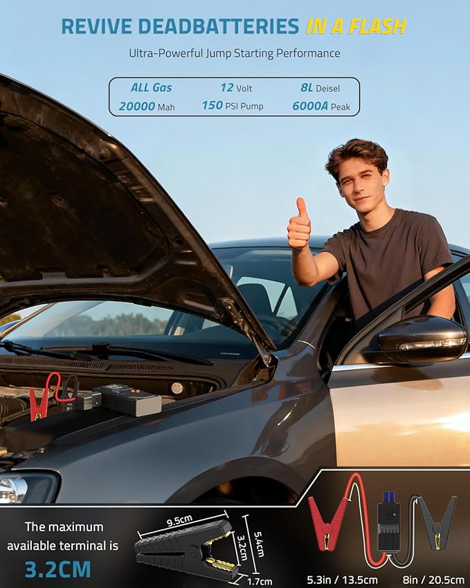 PAULINN Jump Starter with Air Compressor, 150PSI 6000A Car Jumper Starter Portable(All Gas/10L Diesel) with Tire Inflator, 12V Charger Booster