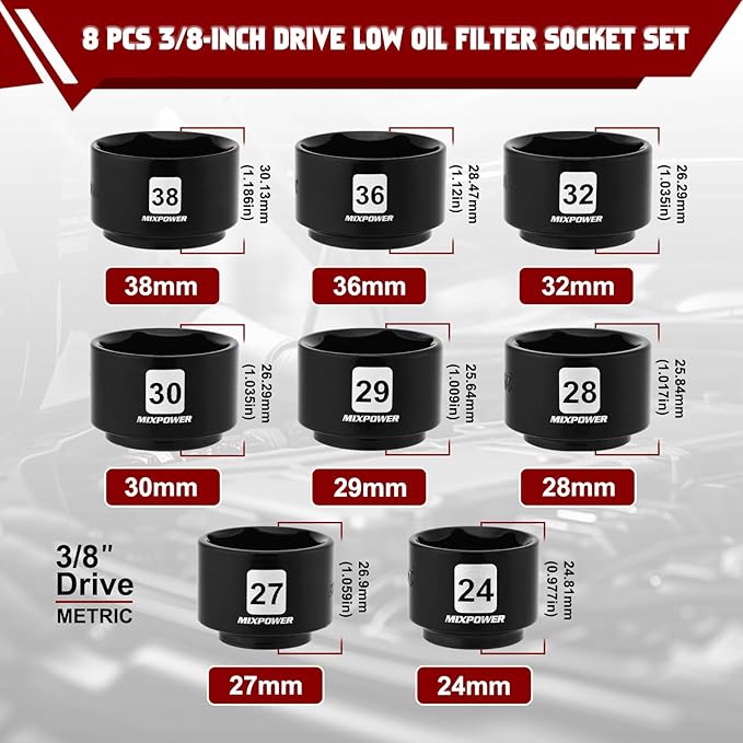 MIXPOWER 8 Pieces 3/8" Drive Low Profile Oil Filter Socket Set, 24mm, 27mm, 28mm, 29mm, 30mm, 32mm, 36mm, 38mm, Oil Filter Cap Remover and Installer Tool Set