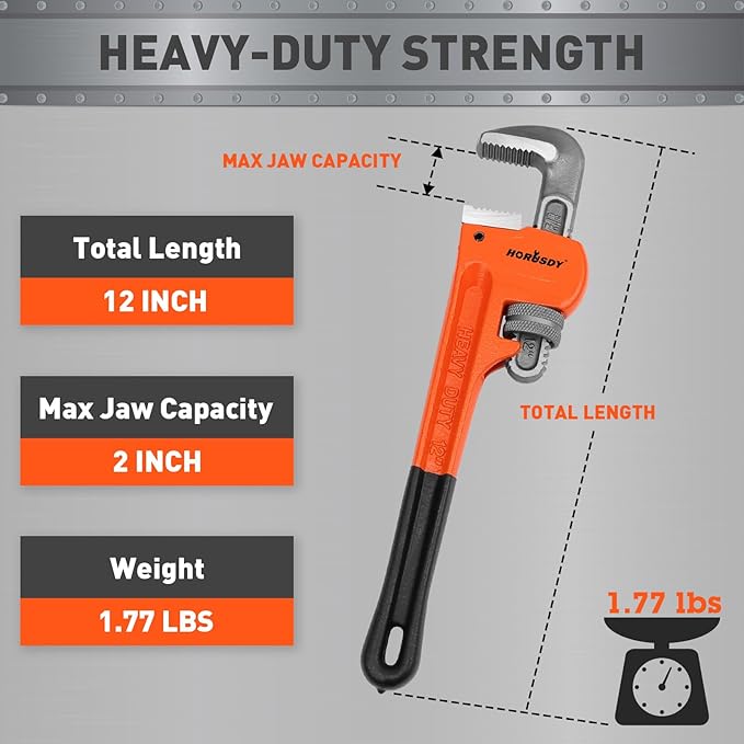 HORUSDY 12-Inch Heavy Duty Straight Pipe Wrench, Quick-Adjust Sturdy Plumbers Wrench with Soft Grip Handle, Straight Jaw Plumbing Tool for Pipe, Household Use, Vehicle Repair
