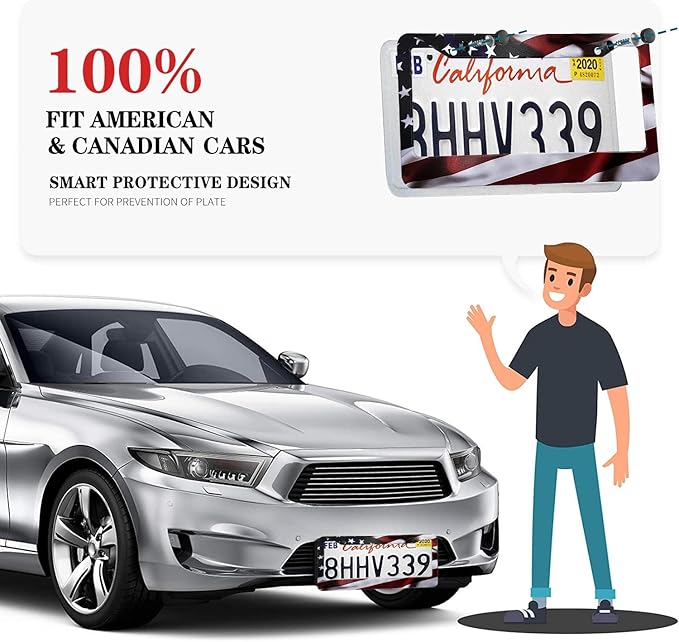 2Pcs American Flag License Plate Frames - KMBCAM Universal Aluminum License Plate, Gloss Patriotic License Plate Cover Hold for Car for Men with Free Screws Caps, Gifts for Friends or Family.