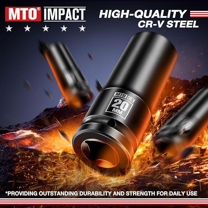 MTO 1/2" Drive 20mm Deep Impact Socket, 6-Point Metric Socket for Automotive Maintaince, CR-V Steel Meets ANSI Standards