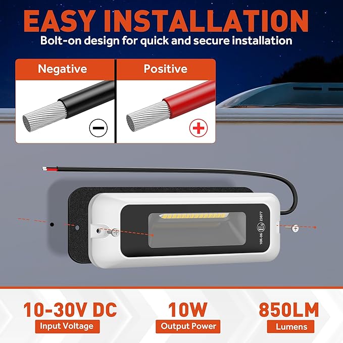 LED RV Exterior Porch Light, 6 Inch 10W 850LM High Brightness, 10-30V DC, IP68 Waterproof Aluminum Housing for RVs, Trailers, Boats & SUV (White Light 6000K)