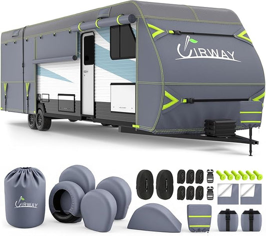 UIRWAY 600D Oxford RV Cover Travel Trailer 22-24ft, Upgraded Waterproof Camper Cover for Toy Hauler, Windproof Rip-Stop Heavy Duty RV Winter, Weatherproof & Anti-UV, 4 Tire Covers,Tongue Jack Cover