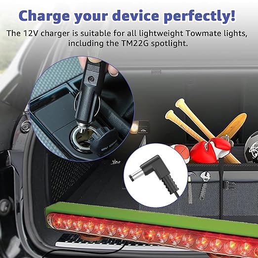 12V Replacement Charging Cable for Towmate Towlight Bars - Compatible with TM22G Limelight & All Light Duty Towmate Lights - Standard DC Charge End