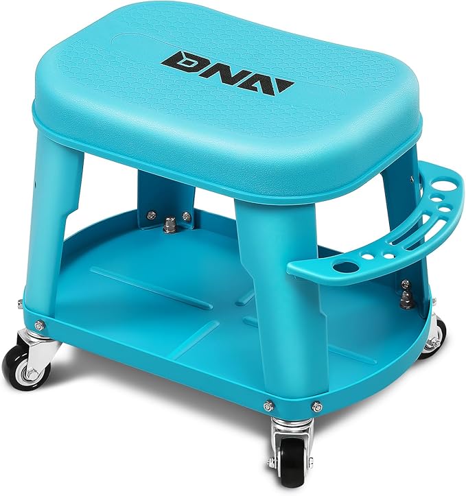 DNA Motoring Removable Rolling Garage Stool with Seat Cushion & Tool Tray Plate, 300lbs Max Weight Capacity, Blue, TOOLS-00479