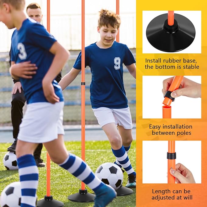 8 Pcs Soccer Agility Poles Detachable Sports Training Speed Slalom Poles with Rubber Base Coaching Sticks for Soccer Drills and Training