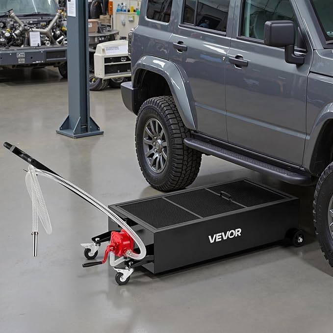 VEVOR Low Profile Oil Drain Pan, 25 Gallon Capacity, Rolling Oil Drain Pan with Manual Pump, 7.2 ft Hose & T Folding Handle, Leak-Proof & Corrosion-Resistant, Fit for Cars, SUVs, Trucks, ATVs, Black
