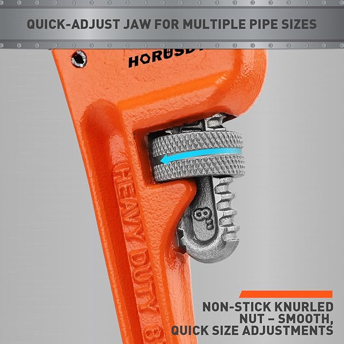 HORUSDY 8-Inch Heavy Duty Straight Pipe Wrench, Quick-Adjust Sturdy Plumbers Wrench with Soft Grip Handle, Straight Jaw Plumbing Tool for Pipe, Household Use, Vehicle Repair