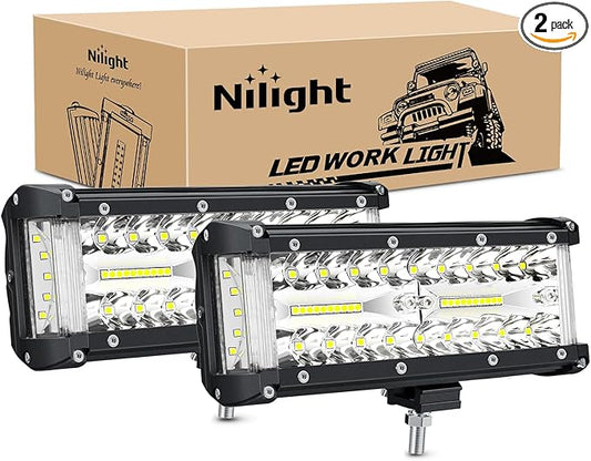 Nilight Side Shooter Light Bar 2 PCS 7 Inch Triple Row Spot Flood Combo Work Off Road Lighting on Truck SUV ATV UTV