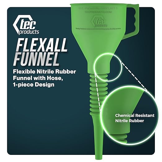 TEC Products FlexAll Long Flexible Funnel for Automotive Use - Durable Nitrile Rubber - Ideal for Car Oil Change, Transmission Funnel Fluid, Diesel, Fuel, Gas - Made in USA - Green (16 x 5 Inches)