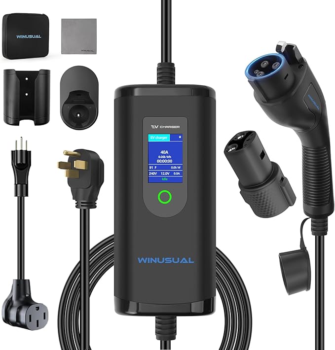 40 amp EV Charger Level 2 & 1 Portable EV Charging Station with 25FT Cable, 240V, NEMA 14-50 Plug with SAE J1772 Fast Charging for Indoor/Outdoor(with Tesla Adapter & NEMA 5-15 Plug)