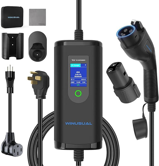 40 amp EV Charger Level 2 & 1 Portable EV Charging Station with 25FT Cable, 240V, NEMA 14-50 Plug with SAE J1772 Fast Charging for Indoor/Outdoor(with Tesla Adapter & NEMA 5-15 Plug)