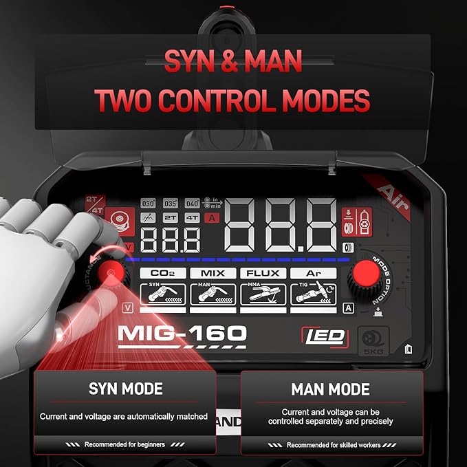 ANDELI MIG Welder, 160A 110V/220V Dual Voltage GAS MIG/FLUX MIG/LIFT TIG/STICK 4-In-1 Multiprocess MIG Welder, LED Digital Display Synergic Control,Gas Gasless MIG Welding Machine With welding rods