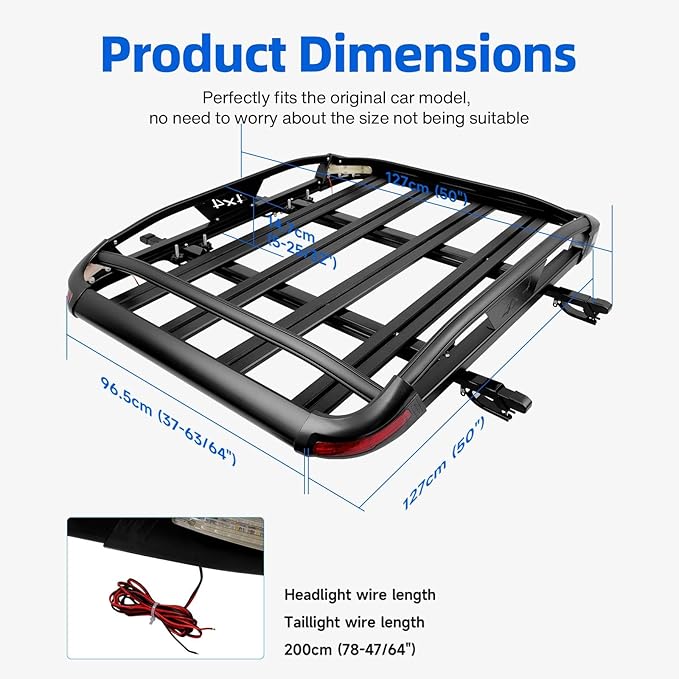JMTBNO Roof Rack Cargo Carrier Basket with Brake Lights, 55 * 40inch Universal Rooftop Cargo Carrier with 2PCS Shark Clip Crossbars Double Layer Aluminum Car Top Luggage Holder for SUV Trucks Cars