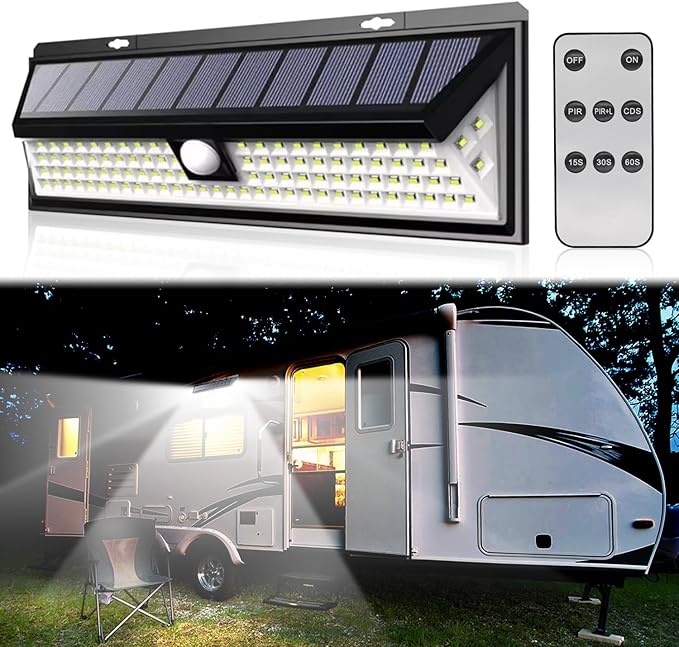 Solar RV Porch Light, 118 LED Motorhome Motion Sensor RV Exterior Lights with Remote Control, Waterproof Camper Outdoor Lights for Motorhome Travel,Travel Trailers, Camper, Food Trucks